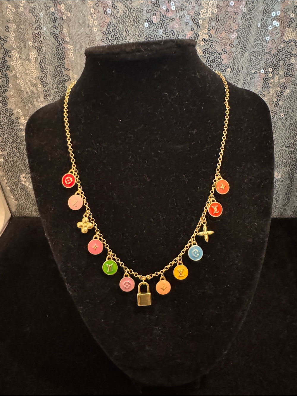 Louis Vuitton Gold-Tone Multicolor Charm Necklace with Padlock and Enamel Discs